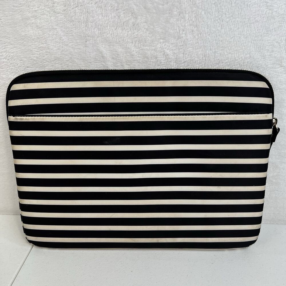 KATE SPADE New York Black & White Stripe Padded iPad MacBook Tablet Zip Case - Picture 5 of 11